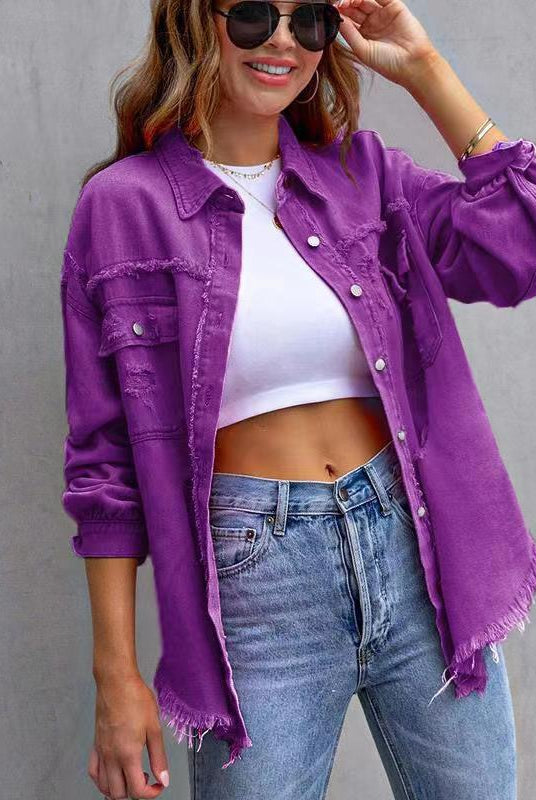 Frayed Denim Pocket Shirt Jacket-Jackets-Krush Kandy, Women's Online Fashion Boutique Located in Phoenix, Arizona (Scottsdale Area)