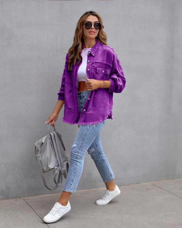 Frayed Denim Pocket Shirt Jacket-Jackets-Krush Kandy, Women's Online Fashion Boutique Located in Phoenix, Arizona (Scottsdale Area)