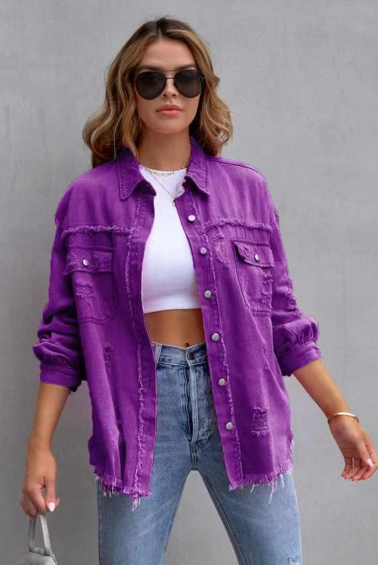 Frayed Denim Pocket Shirt Jacket-Jackets-Krush Kandy, Women's Online Fashion Boutique Located in Phoenix, Arizona (Scottsdale Area)