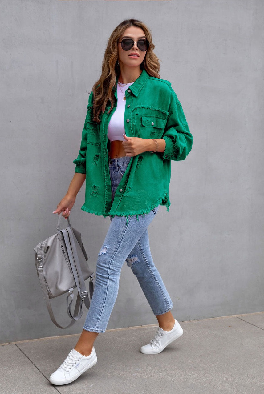 Frayed Denim Pocket Shirt Jacket-Jackets-Krush Kandy, Women's Online Fashion Boutique Located in Phoenix, Arizona (Scottsdale Area)