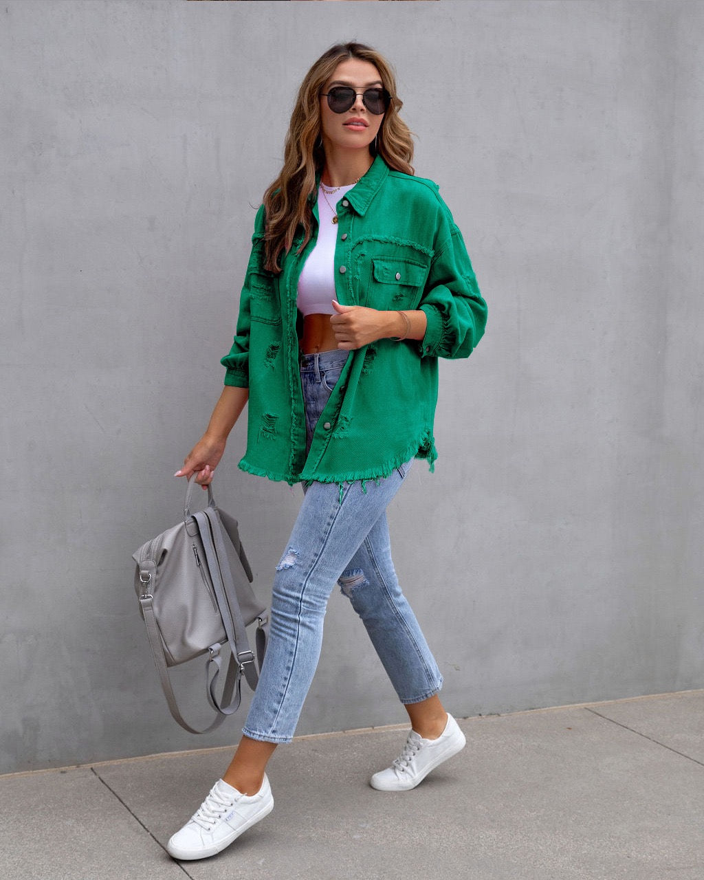 Frayed Denim Pocket Shirt Jacket-Jackets-Krush Kandy, Women's Online Fashion Boutique Located in Phoenix, Arizona (Scottsdale Area)