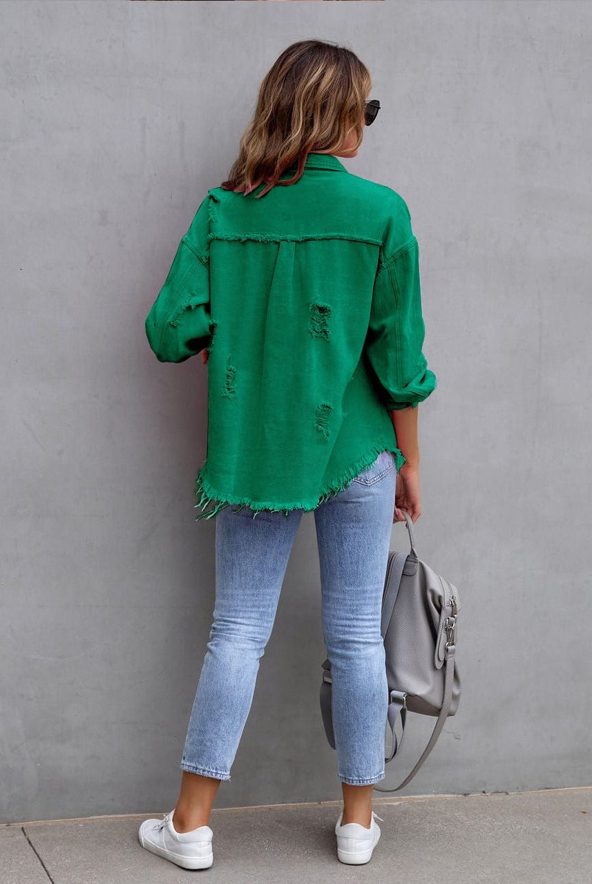 Frayed Denim Pocket Shirt Jacket-Jackets-Krush Kandy, Women's Online Fashion Boutique Located in Phoenix, Arizona (Scottsdale Area)