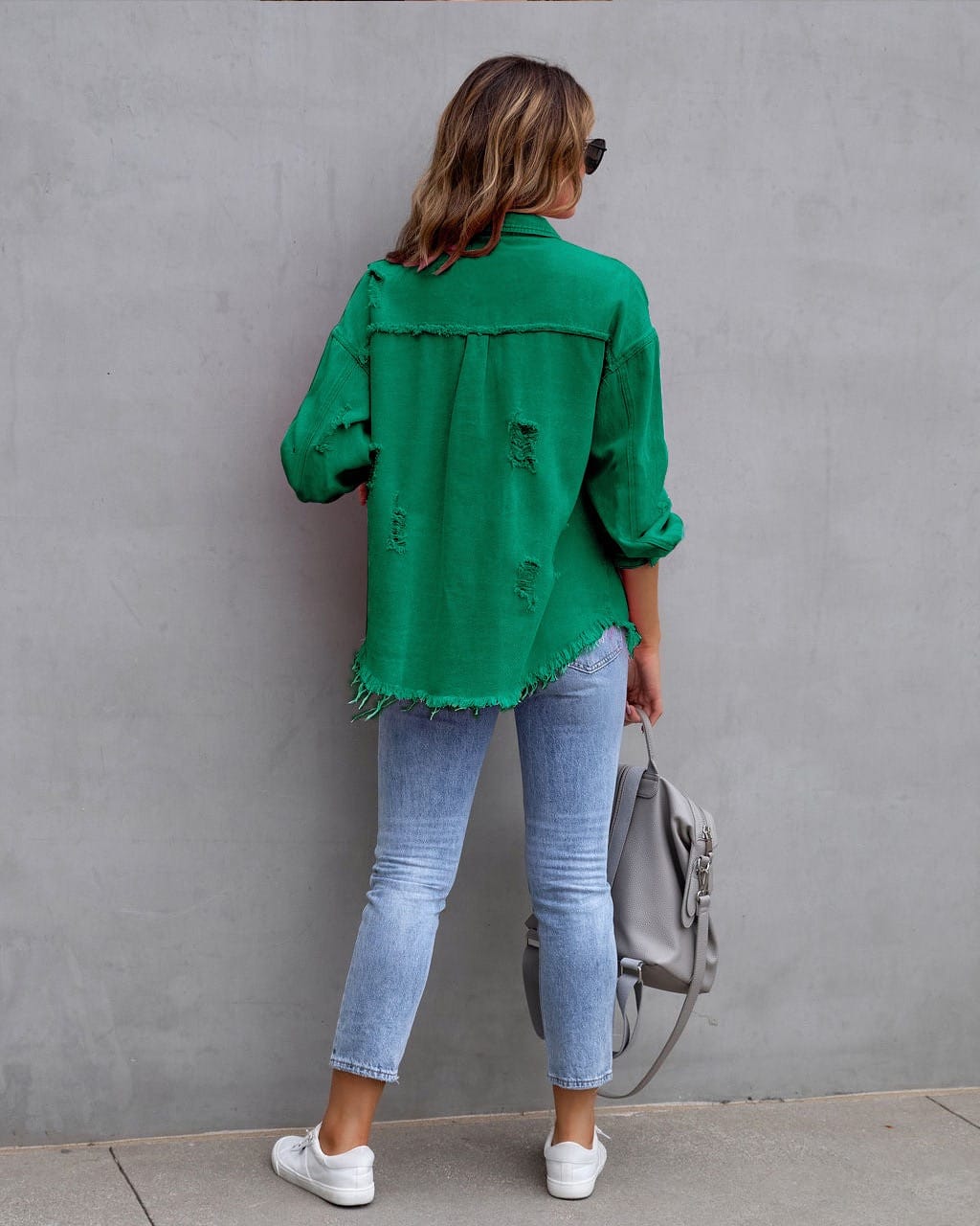 Frayed Denim Pocket Shirt Jacket-Jackets-Krush Kandy, Women's Online Fashion Boutique Located in Phoenix, Arizona (Scottsdale Area)
