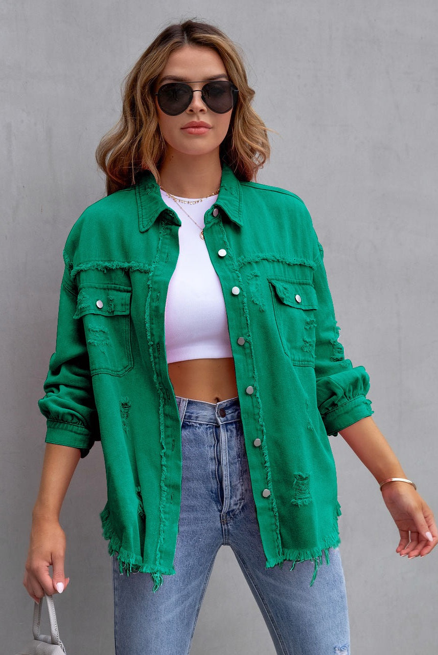 Frayed Denim Pocket Shirt Jacket-Jackets-Krush Kandy, Women's Online Fashion Boutique Located in Phoenix, Arizona (Scottsdale Area)