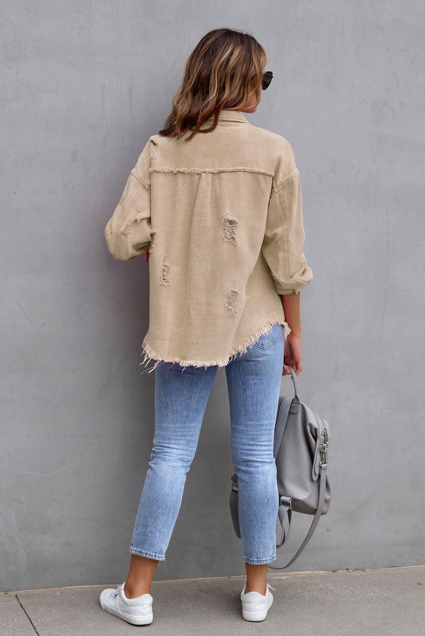 Frayed Denim Pocket Shirt Jacket-Jackets-Krush Kandy, Women's Online Fashion Boutique Located in Phoenix, Arizona (Scottsdale Area)