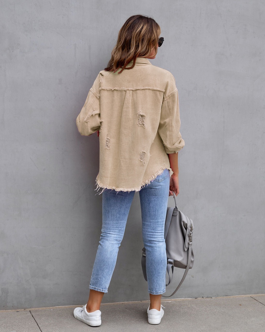 Frayed Denim Pocket Shirt Jacket-Jackets-Krush Kandy, Women's Online Fashion Boutique Located in Phoenix, Arizona (Scottsdale Area)