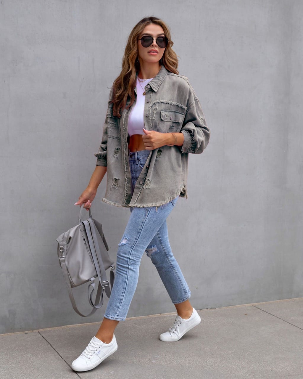 Frayed Denim Pocket Shirt Jacket-Jackets-Krush Kandy, Women's Online Fashion Boutique Located in Phoenix, Arizona (Scottsdale Area)