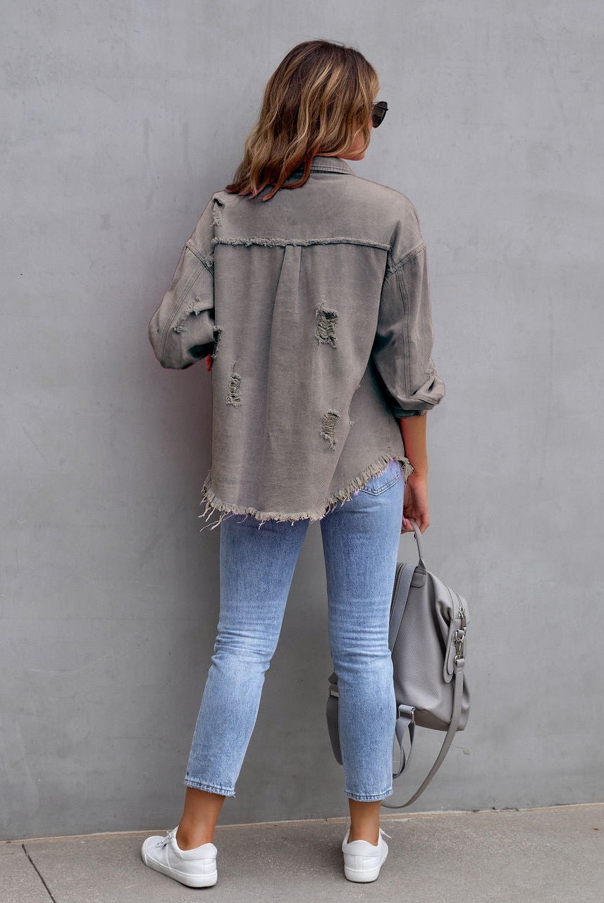 Frayed Denim Pocket Shirt Jacket-Jackets-Krush Kandy, Women's Online Fashion Boutique Located in Phoenix, Arizona (Scottsdale Area)