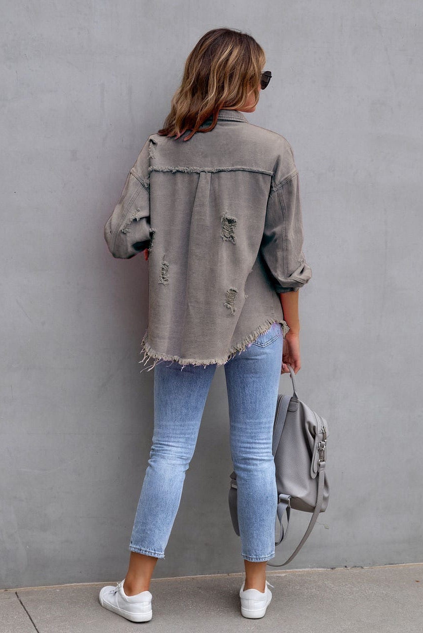 Frayed Denim Pocket Shirt Jacket-Jackets-Krush Kandy, Women's Online Fashion Boutique Located in Phoenix, Arizona (Scottsdale Area)