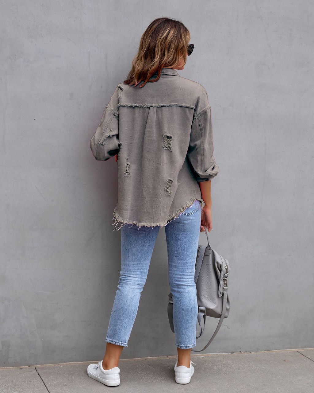 Frayed Denim Pocket Shirt Jacket-Jackets-Krush Kandy, Women's Online Fashion Boutique Located in Phoenix, Arizona (Scottsdale Area)