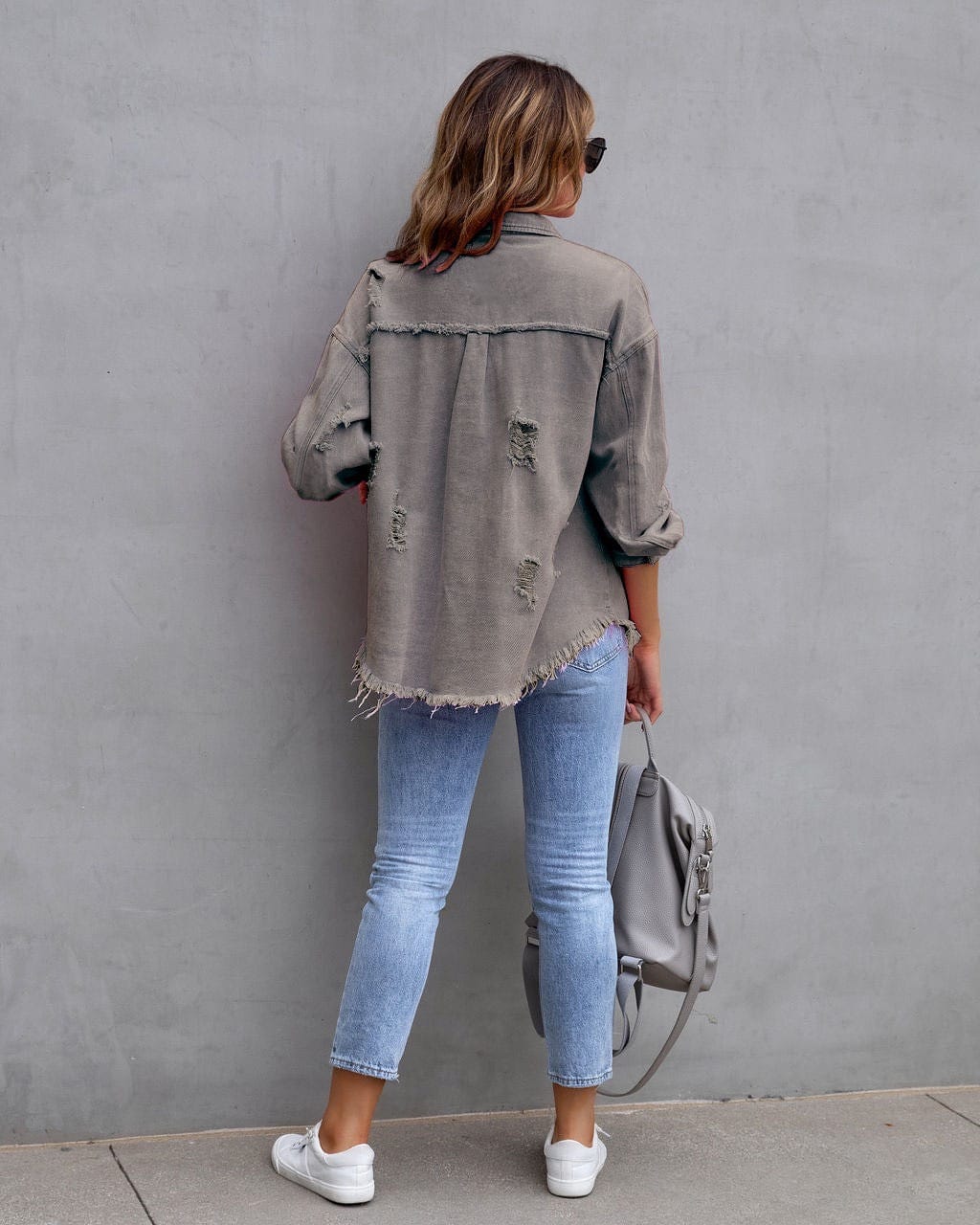 Frayed Denim Pocket Shirt Jacket-Jackets-Krush Kandy, Women's Online Fashion Boutique Located in Phoenix, Arizona (Scottsdale Area)
