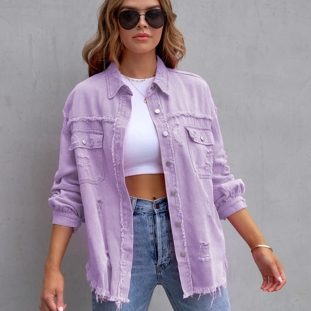 Frayed Denim Pocket Shirt Jacket-Jackets-Krush Kandy, Women's Online Fashion Boutique Located in Phoenix, Arizona (Scottsdale Area)
