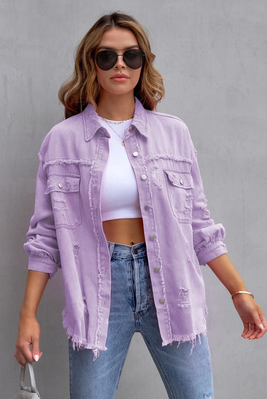 Frayed Denim Pocket Shirt Jacket-Jackets-Krush Kandy, Women's Online Fashion Boutique Located in Phoenix, Arizona (Scottsdale Area)