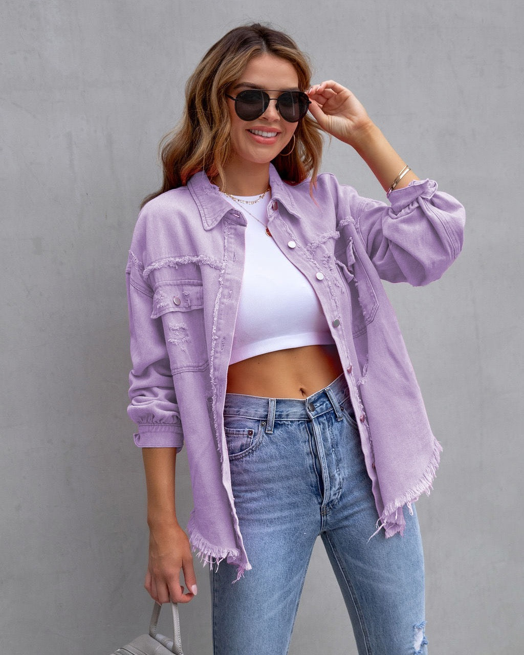 Frayed Denim Pocket Shirt Jacket-Jackets-Krush Kandy, Women's Online Fashion Boutique Located in Phoenix, Arizona (Scottsdale Area)