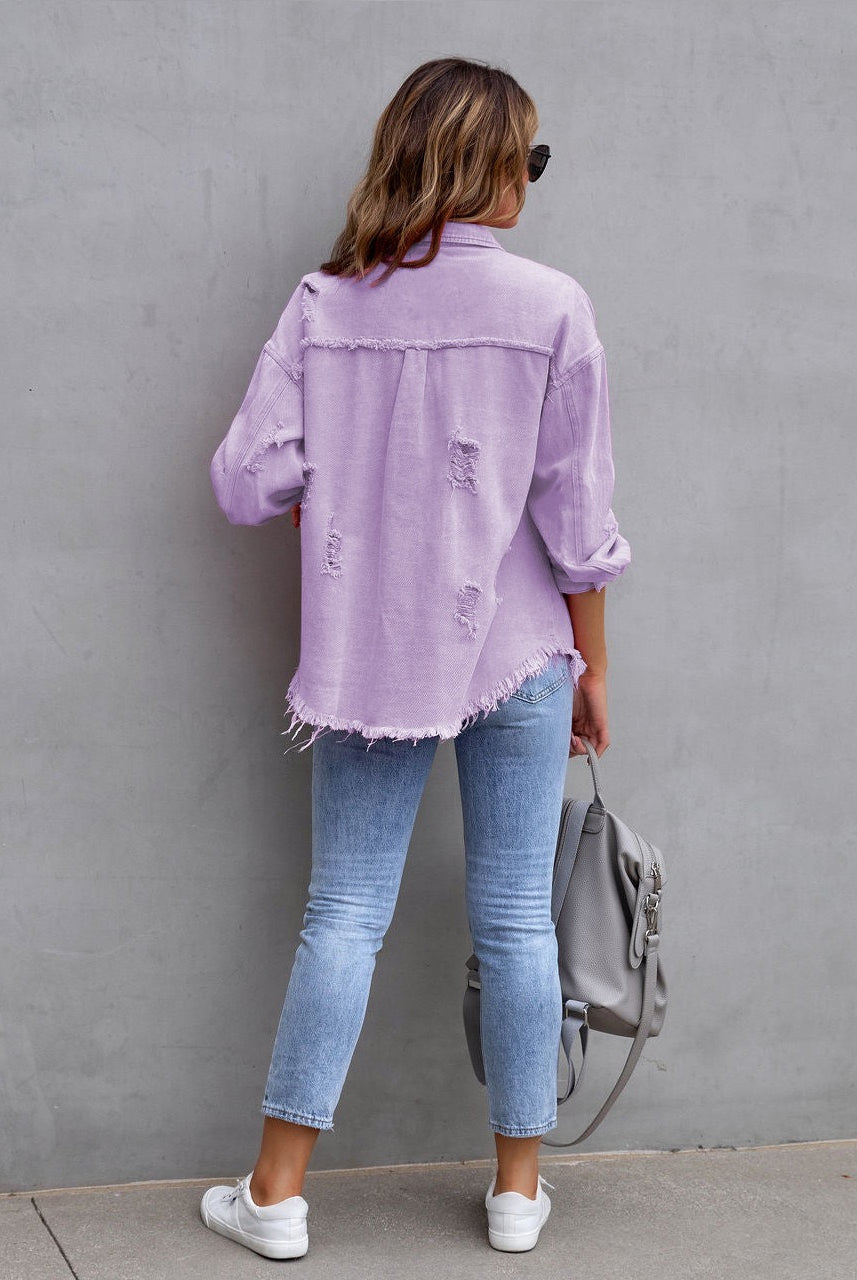Frayed Denim Pocket Shirt Jacket-Jackets-Krush Kandy, Women's Online Fashion Boutique Located in Phoenix, Arizona (Scottsdale Area)