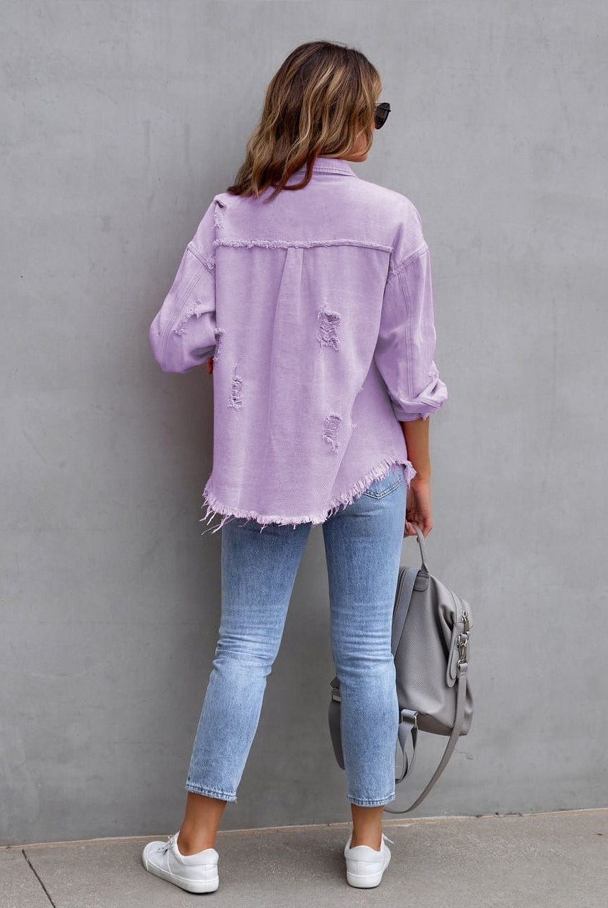 Frayed Denim Pocket Shirt Jacket-Jackets-Krush Kandy, Women's Online Fashion Boutique Located in Phoenix, Arizona (Scottsdale Area)