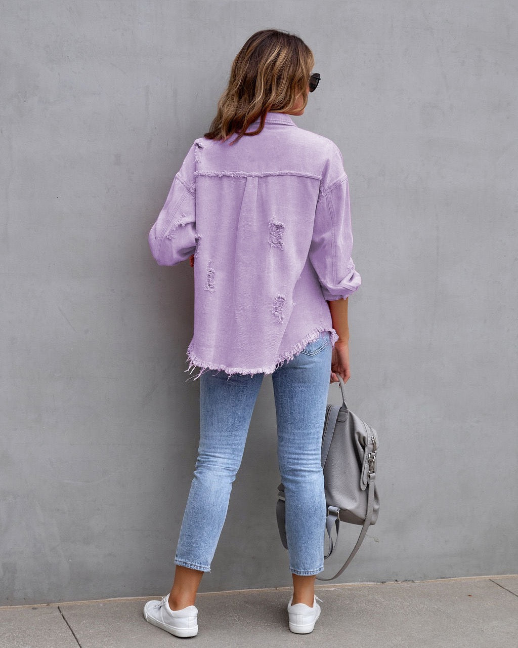 Frayed Denim Pocket Shirt Jacket-Jackets-Krush Kandy, Women's Online Fashion Boutique Located in Phoenix, Arizona (Scottsdale Area)