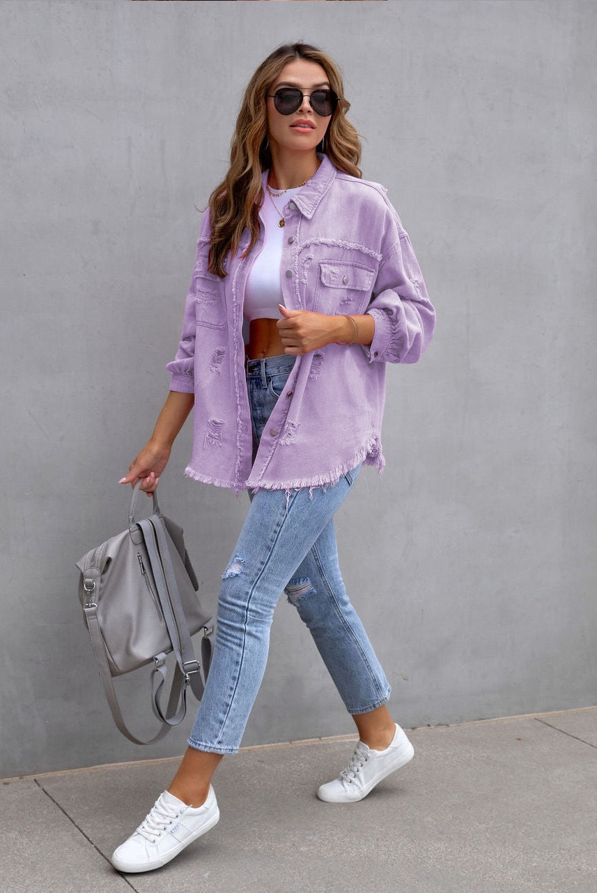 Frayed Denim Pocket Shirt Jacket-Jackets-Krush Kandy, Women's Online Fashion Boutique Located in Phoenix, Arizona (Scottsdale Area)