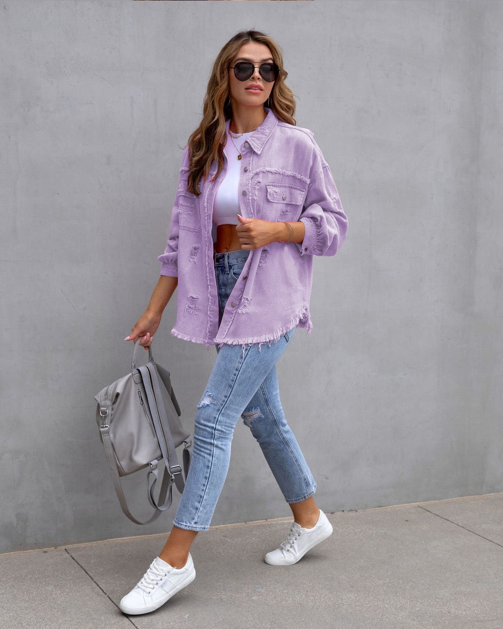 Frayed Denim Pocket Shirt Jacket-Jackets-Krush Kandy, Women's Online Fashion Boutique Located in Phoenix, Arizona (Scottsdale Area)