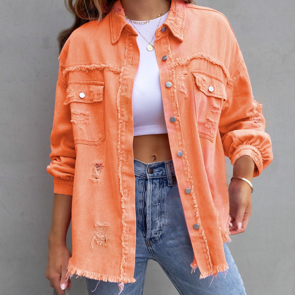 Frayed Denim Pocket Shirt Jacket-Jackets-Krush Kandy, Women's Online Fashion Boutique Located in Phoenix, Arizona (Scottsdale Area)