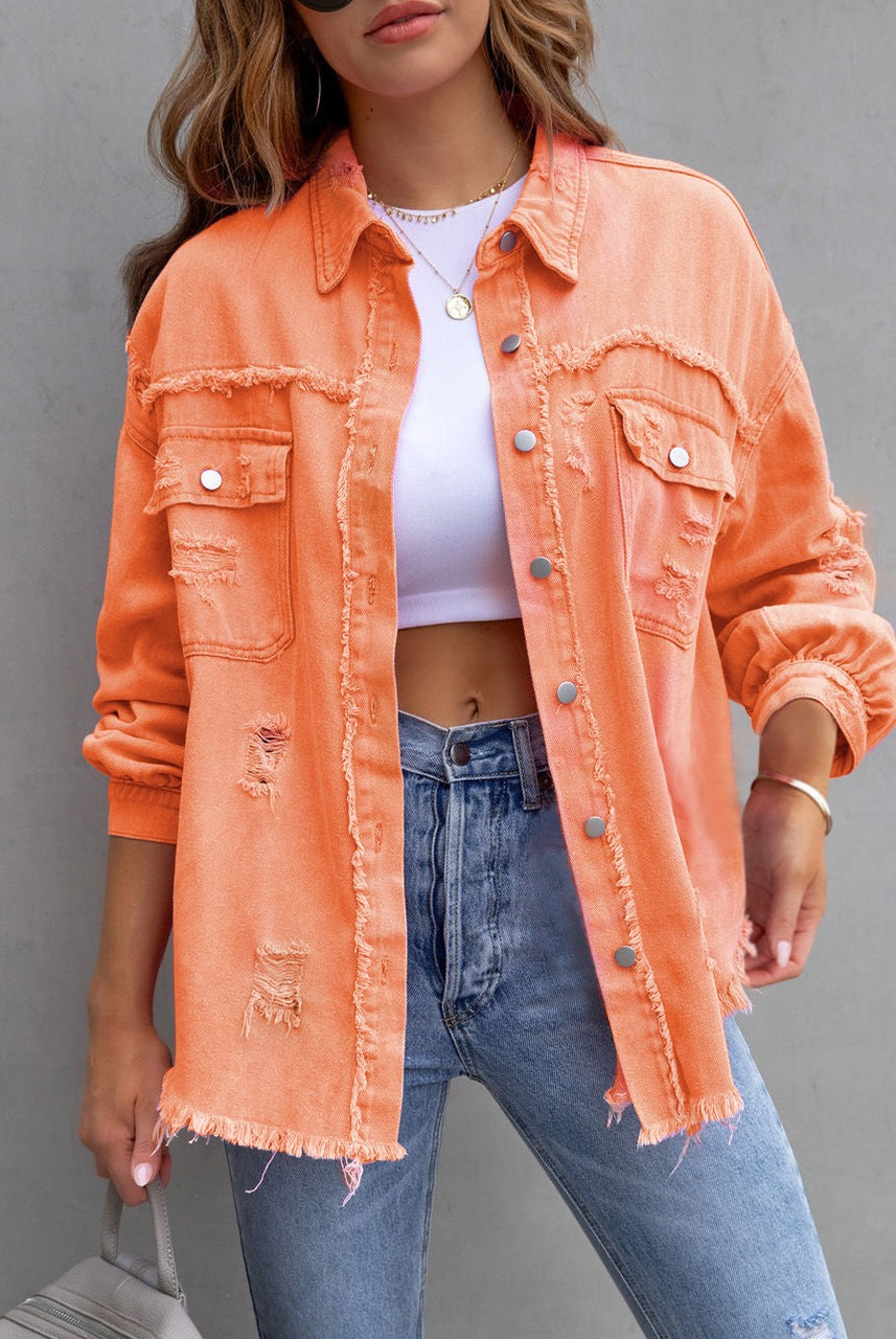 Frayed Denim Pocket Shirt Jacket-Jackets-Krush Kandy, Women's Online Fashion Boutique Located in Phoenix, Arizona (Scottsdale Area)