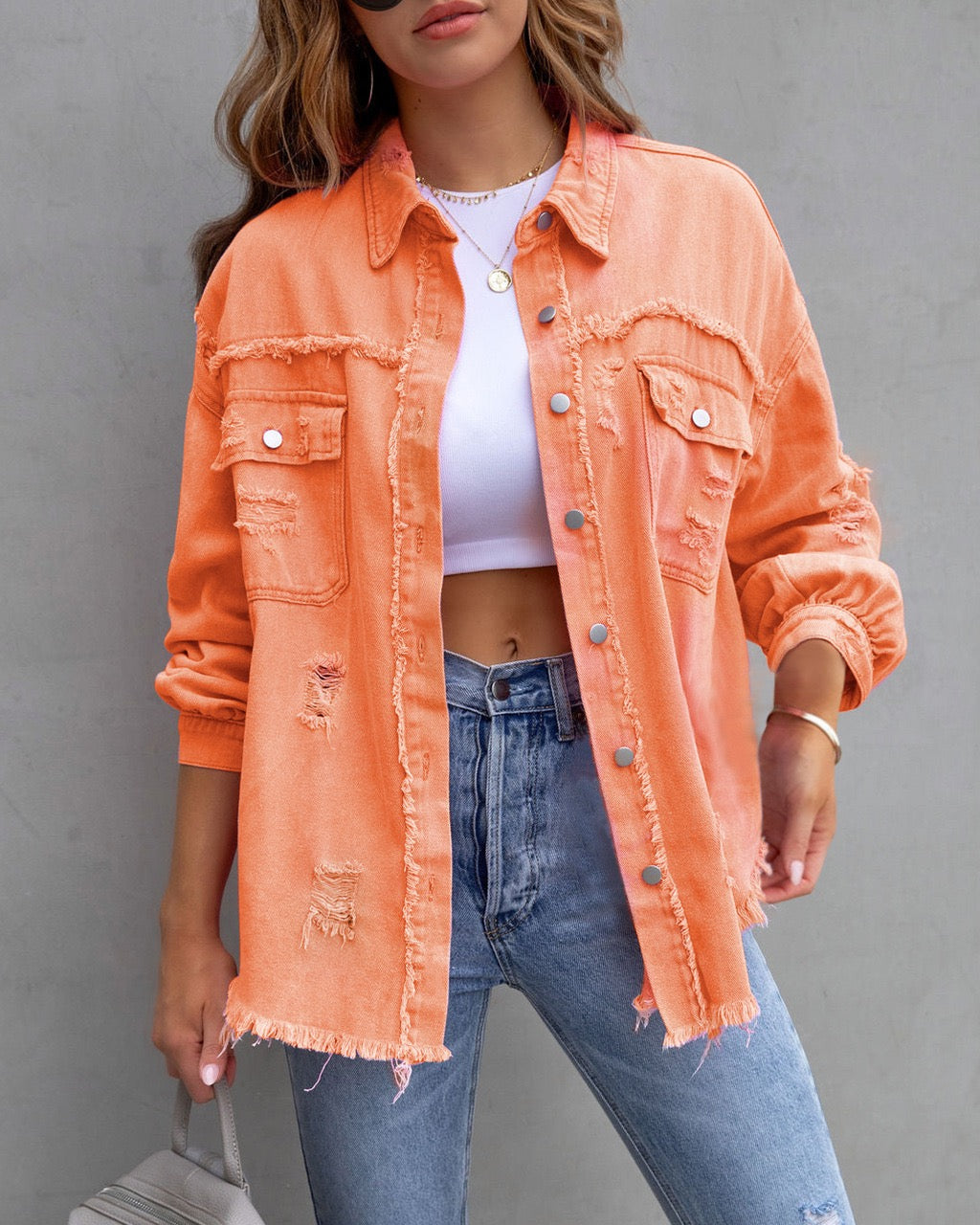 Frayed Denim Pocket Shirt Jacket-Jackets-Krush Kandy, Women's Online Fashion Boutique Located in Phoenix, Arizona (Scottsdale Area)