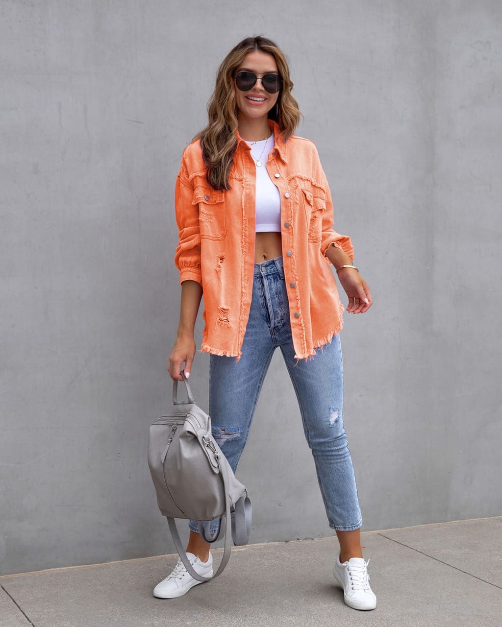 Frayed Denim Pocket Shirt Jacket-Jackets-Krush Kandy, Women's Online Fashion Boutique Located in Phoenix, Arizona (Scottsdale Area)