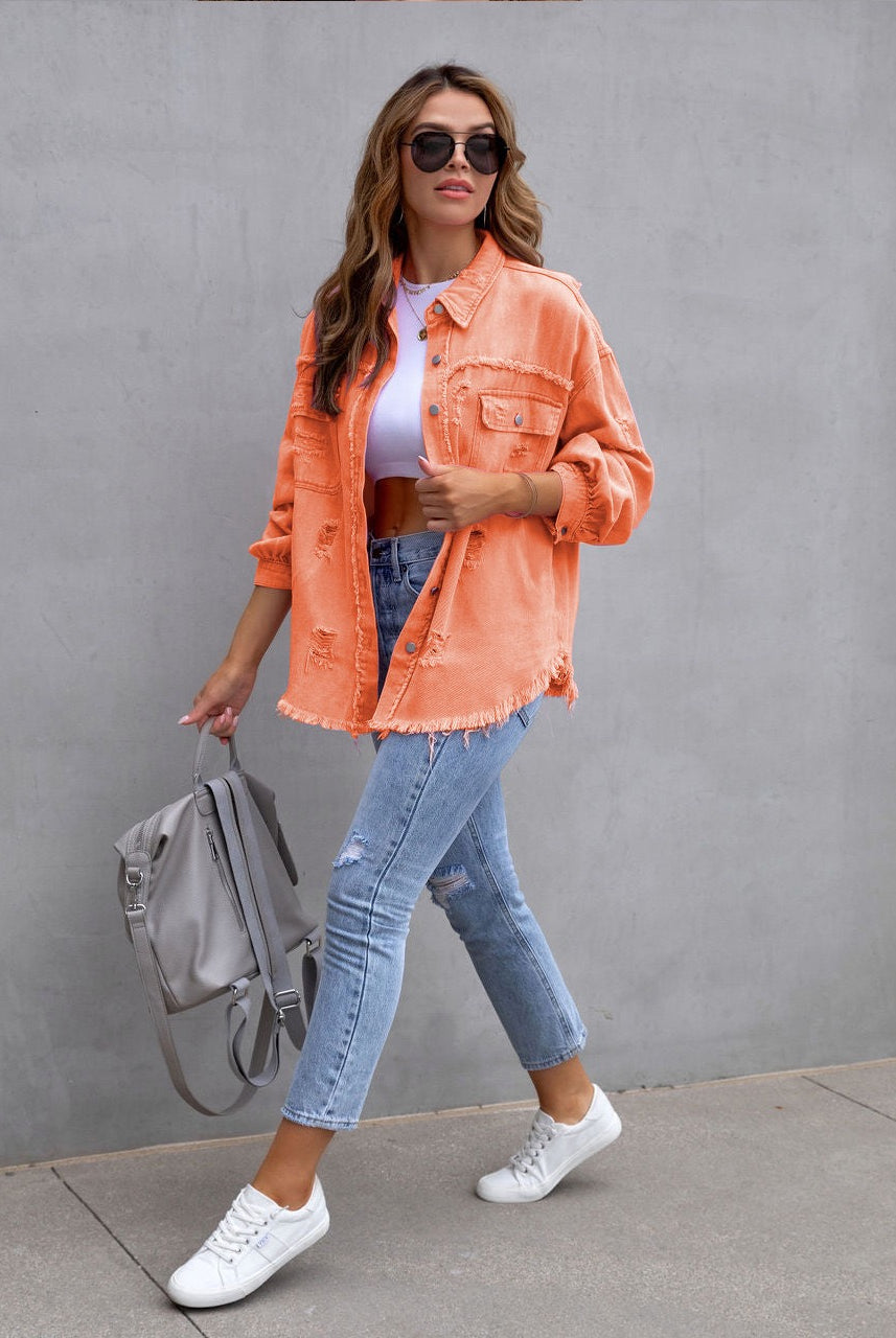 Frayed Denim Pocket Shirt Jacket-Jackets-Krush Kandy, Women's Online Fashion Boutique Located in Phoenix, Arizona (Scottsdale Area)
