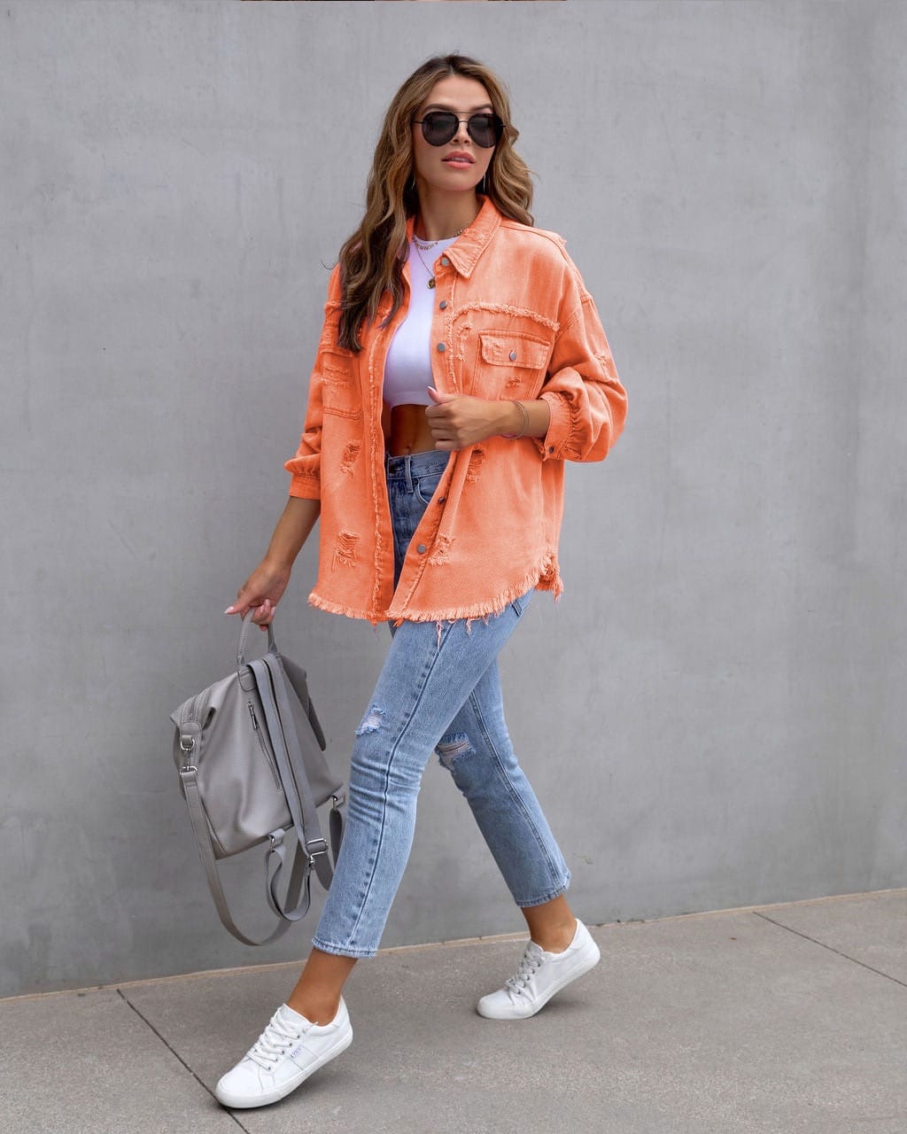 Frayed Denim Pocket Shirt Jacket-Jackets-Krush Kandy, Women's Online Fashion Boutique Located in Phoenix, Arizona (Scottsdale Area)