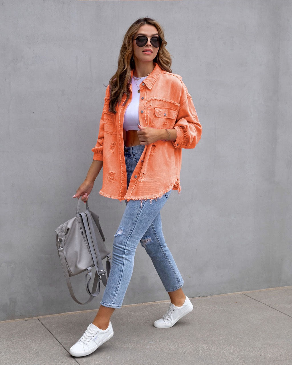 Frayed Denim Pocket Shirt Jacket-Jackets-Krush Kandy, Women's Online Fashion Boutique Located in Phoenix, Arizona (Scottsdale Area)