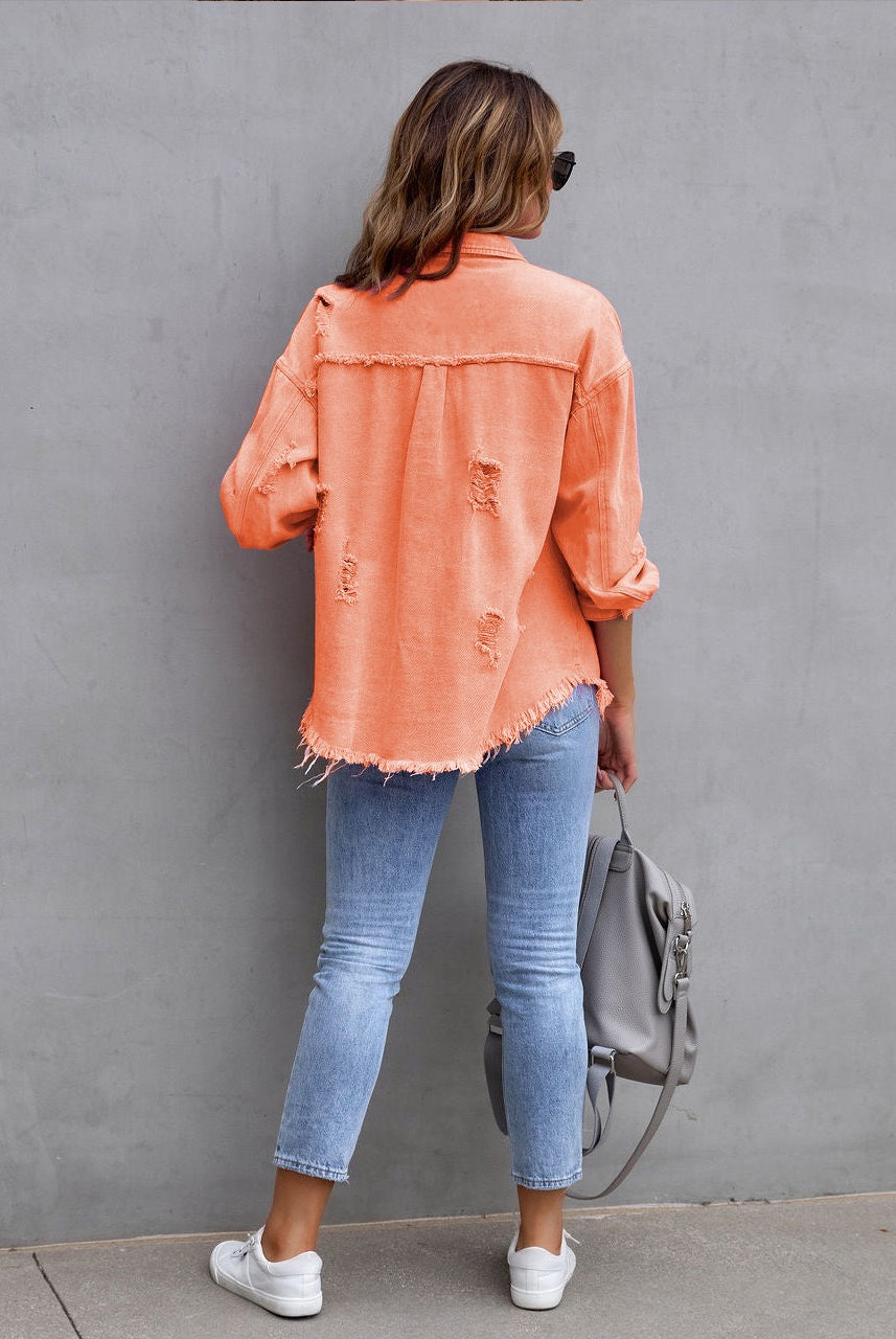 Frayed Denim Pocket Shirt Jacket-Jackets-Krush Kandy, Women's Online Fashion Boutique Located in Phoenix, Arizona (Scottsdale Area)