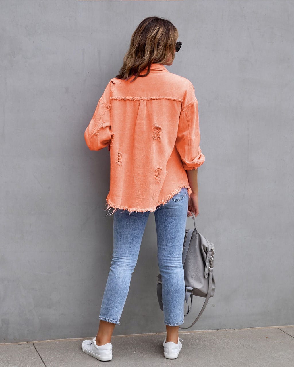 Frayed Denim Pocket Shirt Jacket-Jackets-Krush Kandy, Women's Online Fashion Boutique Located in Phoenix, Arizona (Scottsdale Area)