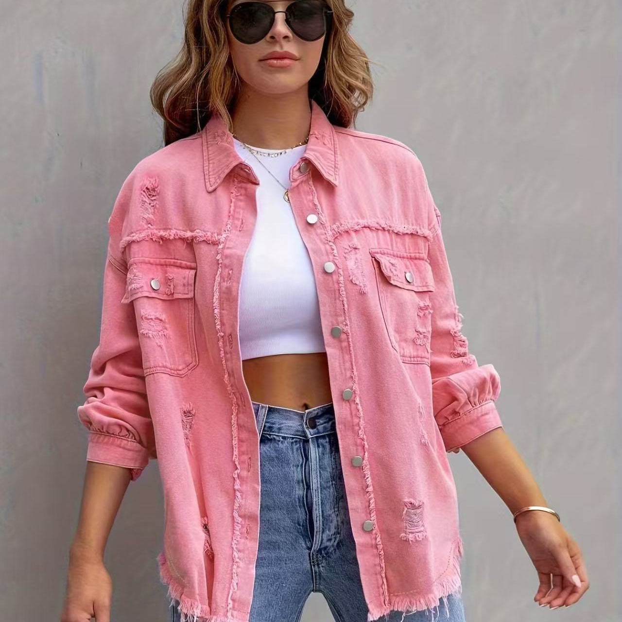 Frayed Denim Pocket Shirt Jacket-Jackets-Krush Kandy, Women's Online Fashion Boutique Located in Phoenix, Arizona (Scottsdale Area)