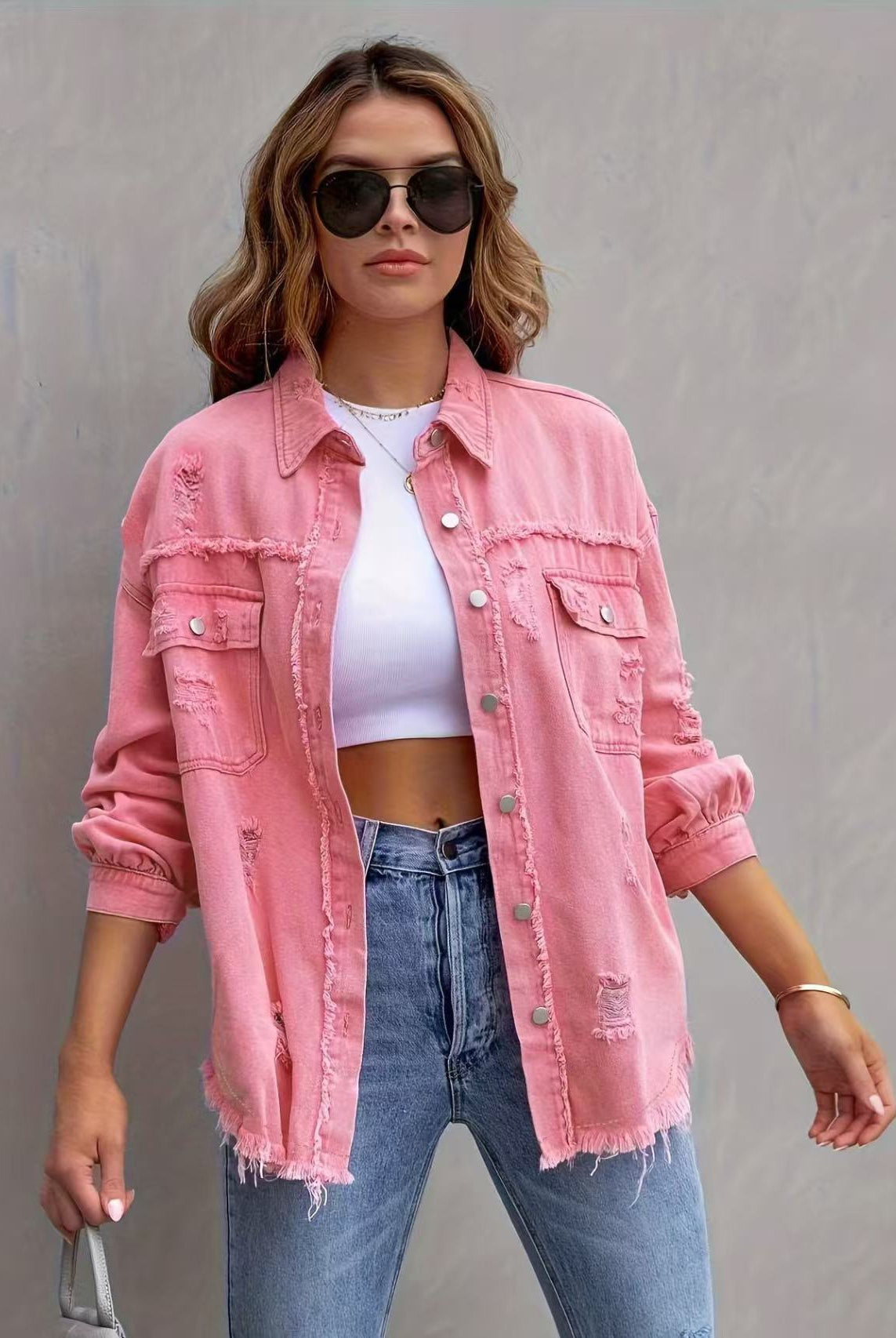 Frayed Denim Pocket Shirt Jacket-Jackets-Krush Kandy, Women's Online Fashion Boutique Located in Phoenix, Arizona (Scottsdale Area)
