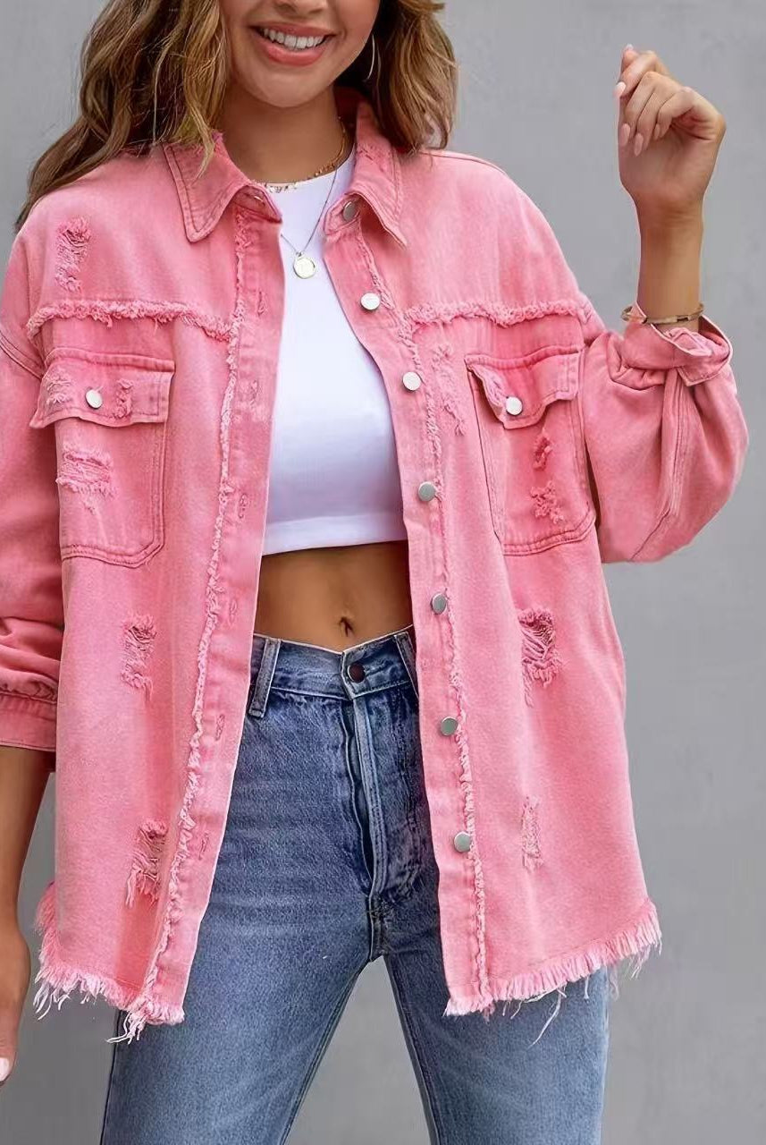 Frayed Denim Pocket Shirt Jacket-Jackets-Krush Kandy, Women's Online Fashion Boutique Located in Phoenix, Arizona (Scottsdale Area)