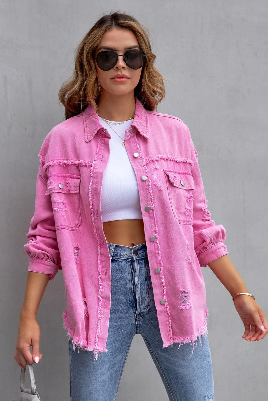 Frayed Denim Pocket Shirt Jacket-Jackets-Krush Kandy, Women's Online Fashion Boutique Located in Phoenix, Arizona (Scottsdale Area)