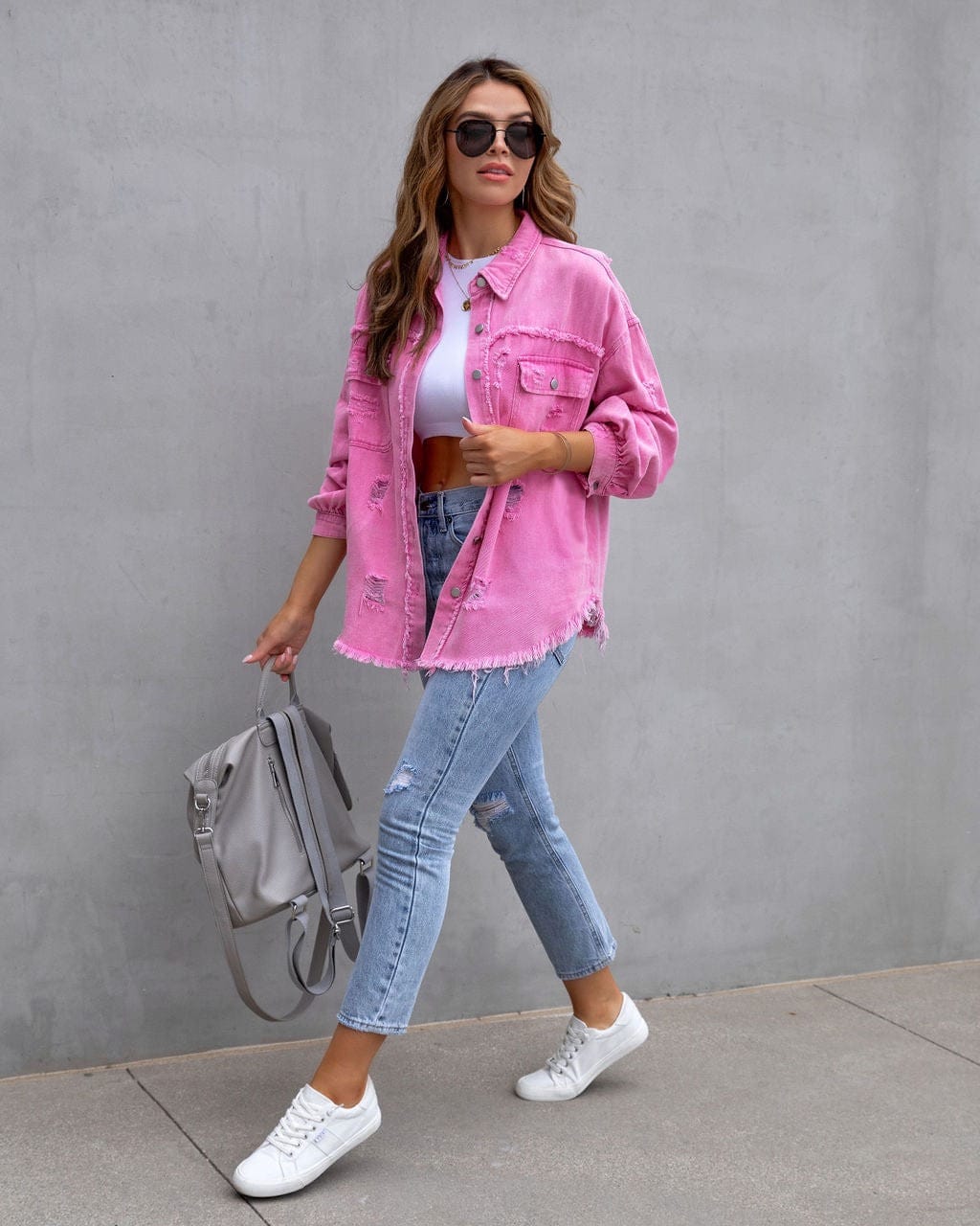 Frayed Denim Pocket Shirt Jacket-Jackets-Krush Kandy, Women's Online Fashion Boutique Located in Phoenix, Arizona (Scottsdale Area)
