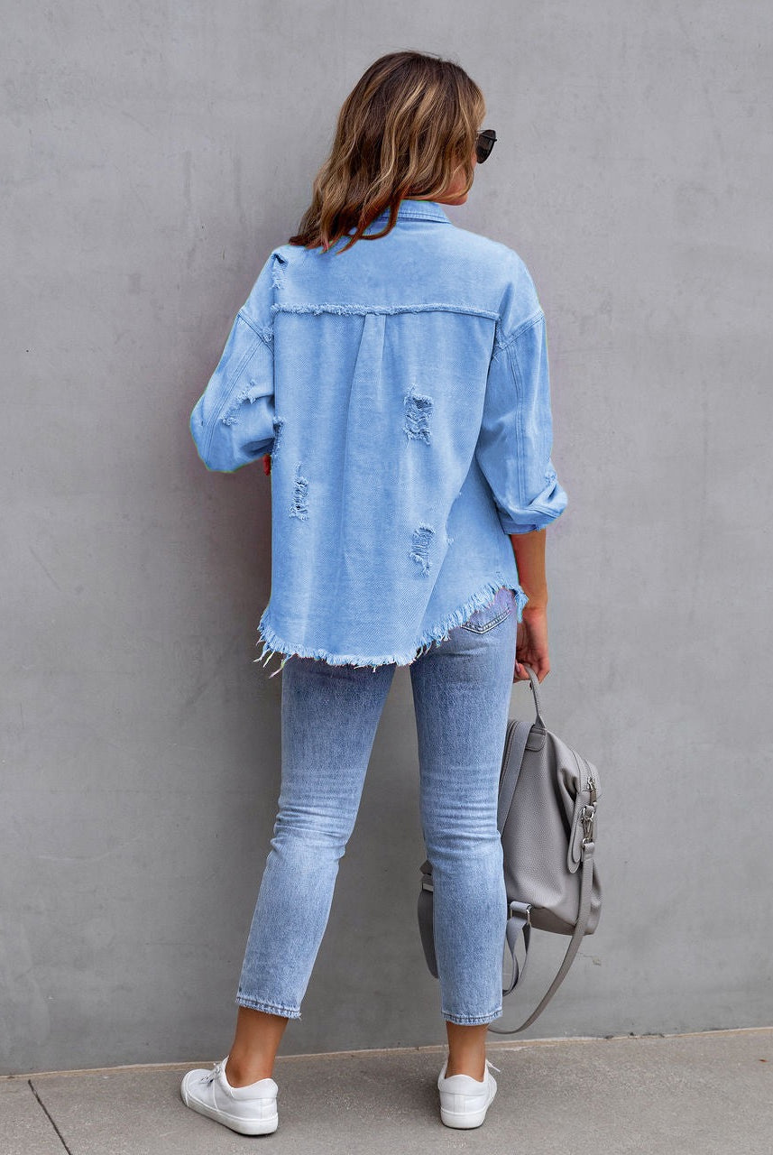 Frayed Denim Pocket Shirt Jacket-Jackets-Krush Kandy, Women's Online Fashion Boutique Located in Phoenix, Arizona (Scottsdale Area)