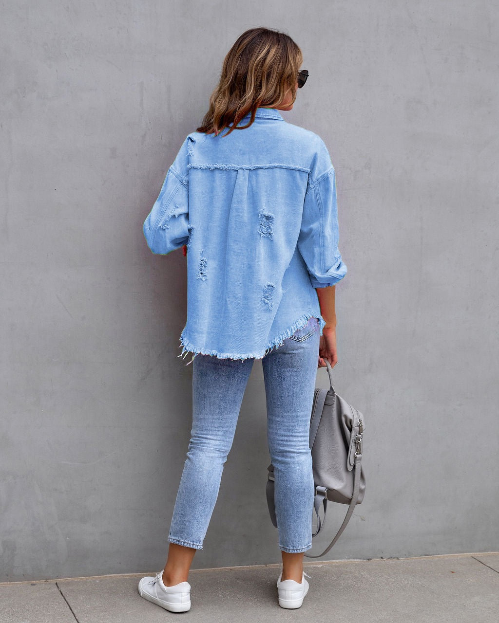 Frayed Denim Pocket Shirt Jacket-Jackets-Krush Kandy, Women's Online Fashion Boutique Located in Phoenix, Arizona (Scottsdale Area)
