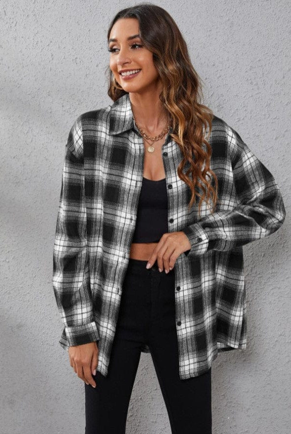 Fall Vibes Only Long Sleeve Plaid Flannel-Long Sleeve Tops-Krush Kandy, Women's Online Fashion Boutique Located in Phoenix, Arizona (Scottsdale Area)