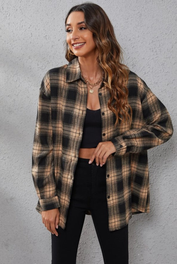 Fall Vibes Only Long Sleeve Plaid Flannel-Long Sleeve Tops-Krush Kandy, Women's Online Fashion Boutique Located in Phoenix, Arizona (Scottsdale Area)