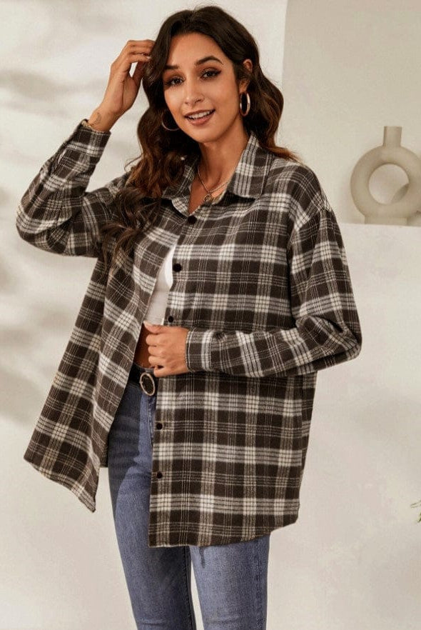 Fall Vibes Only Long Sleeve Plaid Flannel-Long Sleeve Tops-Krush Kandy, Women's Online Fashion Boutique Located in Phoenix, Arizona (Scottsdale Area)