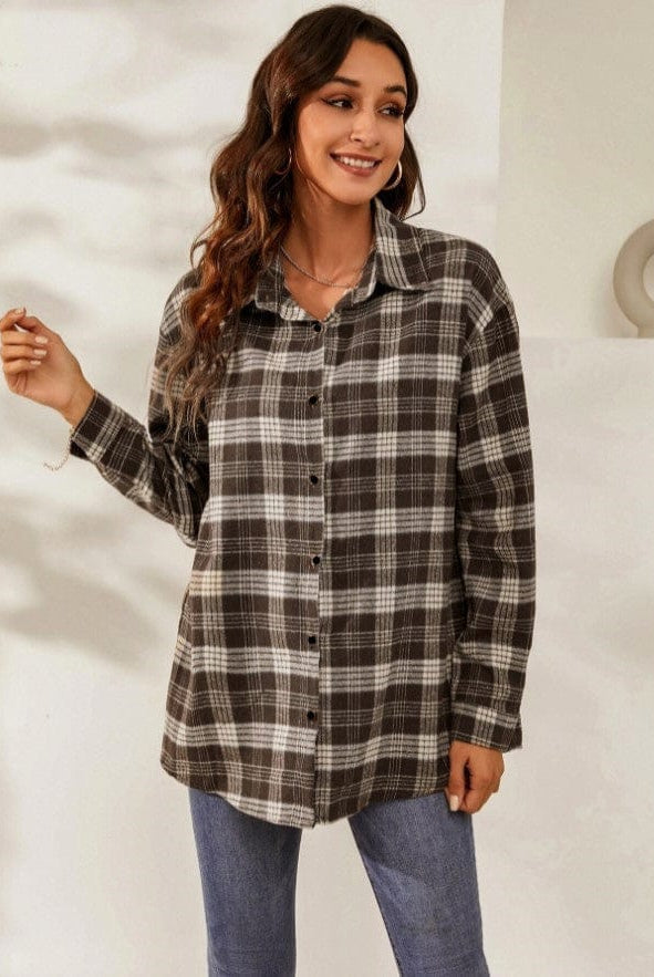 Fall Vibes Only Long Sleeve Plaid Flannel-Long Sleeve Tops-Krush Kandy, Women's Online Fashion Boutique Located in Phoenix, Arizona (Scottsdale Area)