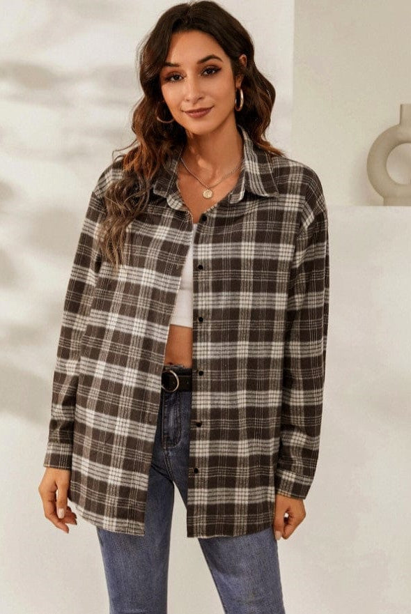 Fall Vibes Only Long Sleeve Plaid Flannel-Long Sleeve Tops-Krush Kandy, Women's Online Fashion Boutique Located in Phoenix, Arizona (Scottsdale Area)