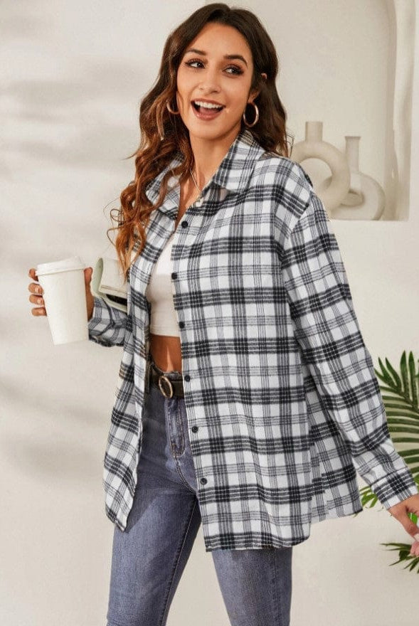 Fall Vibes Only Long Sleeve Plaid Flannel-Long Sleeve Tops-Krush Kandy, Women's Online Fashion Boutique Located in Phoenix, Arizona (Scottsdale Area)