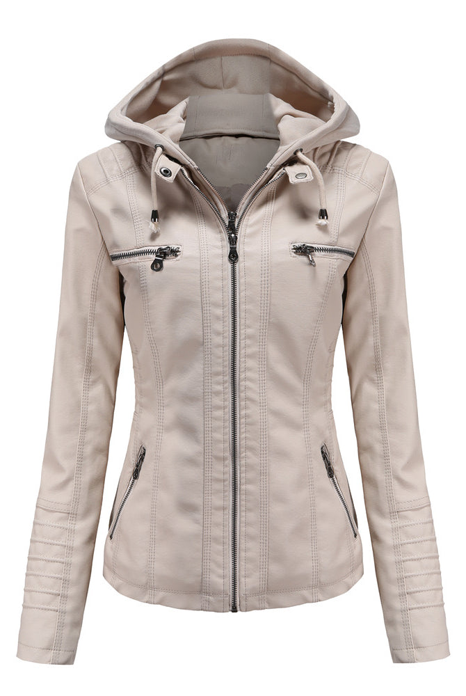 Faux Leather Hooded Zip-Up Jacket-Jackets-Krush Kandy, Women's Online Fashion Boutique Located in Phoenix, Arizona (Scottsdale Area)