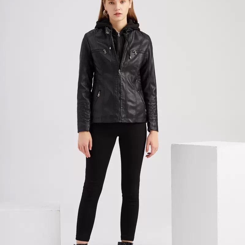 Faux Leather Hooded Zip-Up Jacket-Jackets-Krush Kandy, Women's Online Fashion Boutique Located in Phoenix, Arizona (Scottsdale Area)