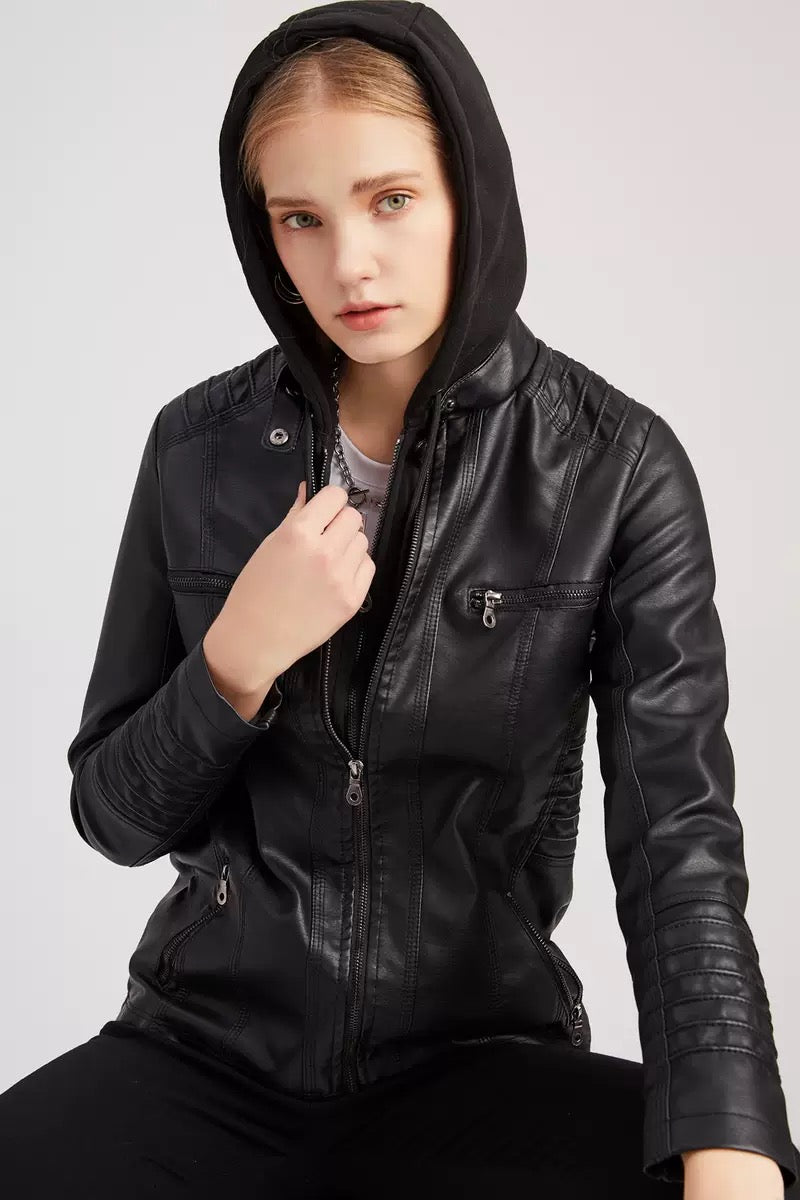 Faux Leather Hooded Zip-Up Jacket-Jackets-Krush Kandy, Women's Online Fashion Boutique Located in Phoenix, Arizona (Scottsdale Area)
