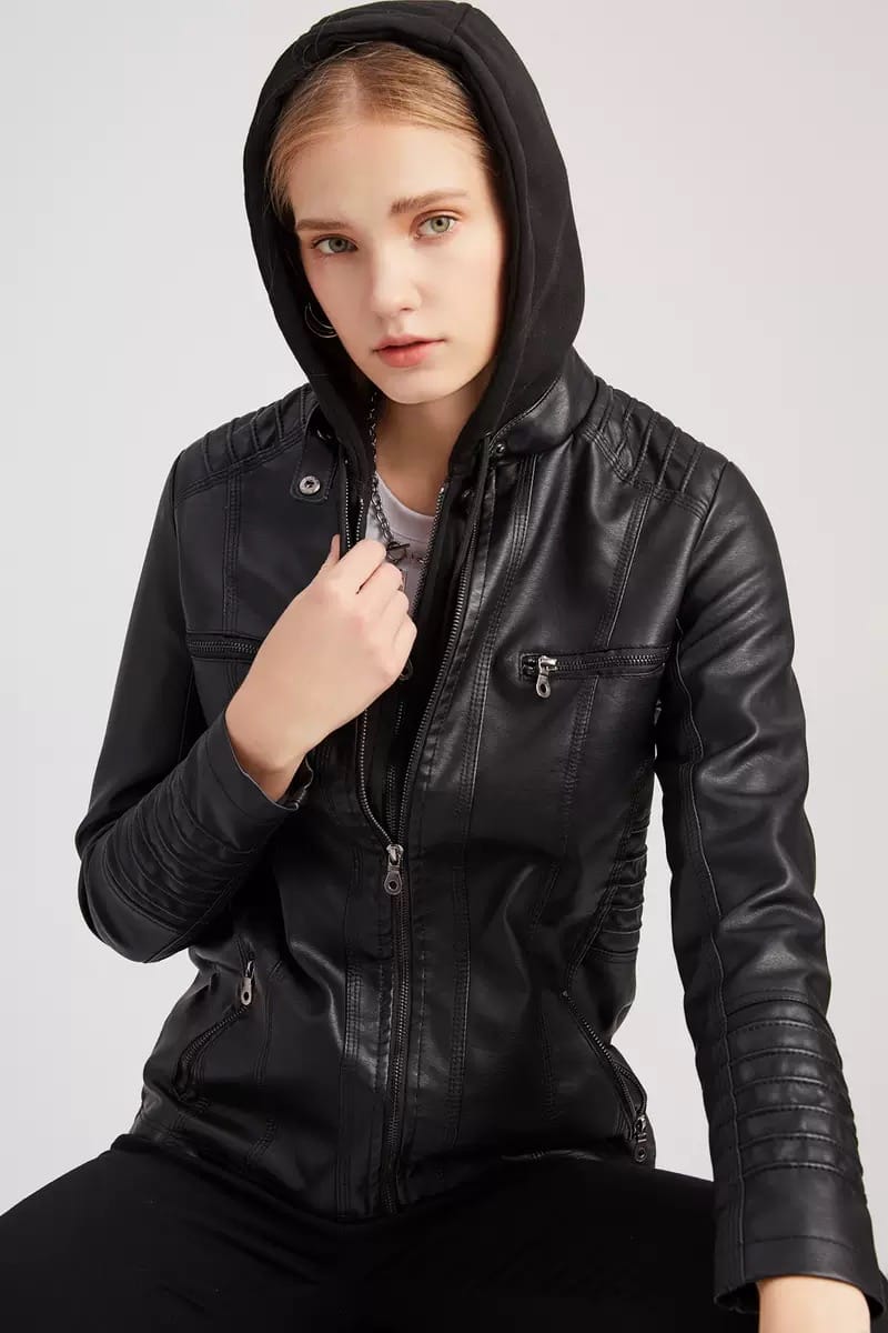 Faux Leather Hooded Zip-Up Jacket-Jackets-Krush Kandy, Women's Online Fashion Boutique Located in Phoenix, Arizona (Scottsdale Area)
