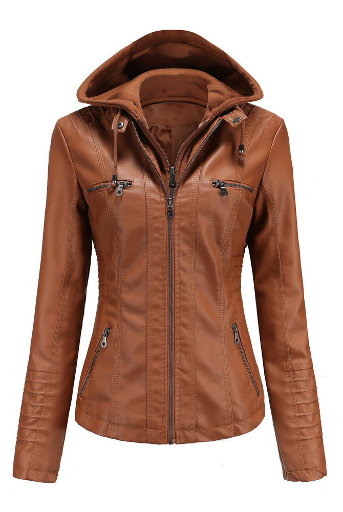 Faux Leather Hooded Zip-Up Jacket-Jackets-Krush Kandy, Women's Online Fashion Boutique Located in Phoenix, Arizona (Scottsdale Area)